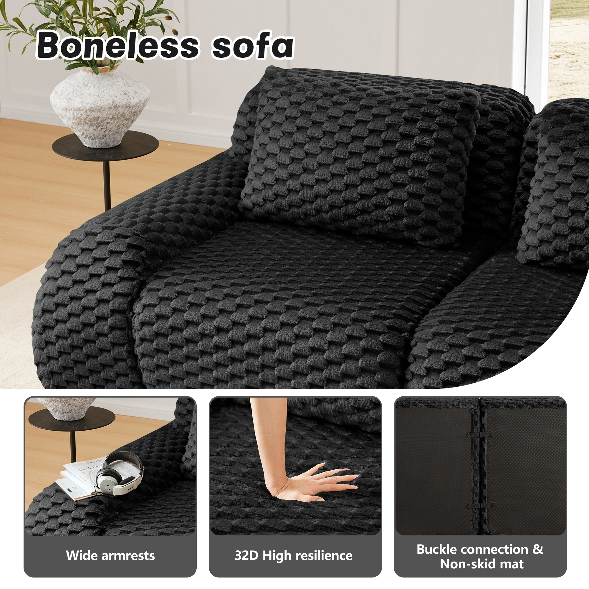 Aukfa 146" U-Shaped Modular Cloud Sectional Sofa, Oversized Deep-Seat 6-Seater Couch with 2 Ottomans, Flannelette Upholstered Boneless Sofa, Black