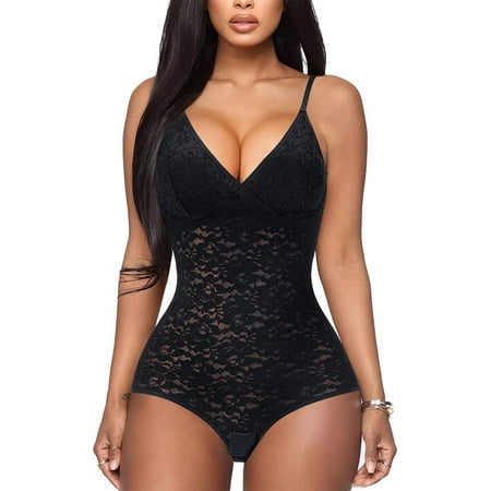 

Eleady Women Bodysuit Lace Shapewear Deep V Neck Jumpsuits Tummy Control Waist Trainer Sleeveless Camisole Body Shaper(Black 3X-Large)