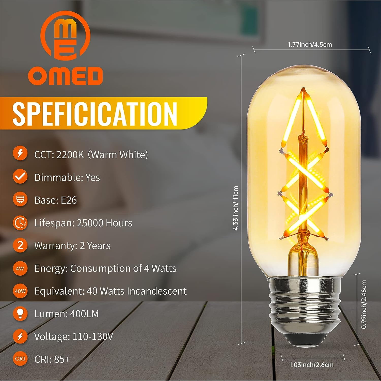 OMED 4W Dimmable Vintage LED Edison Light Bulbs 40 Watt Equal, T45/T14 E26 Antique Fishbone Filament Tubular Edison Bulbs, 400LM 2200K Warm White Spiral Retro Tube Edison Bulbs, Amber Glass, 6 Pack