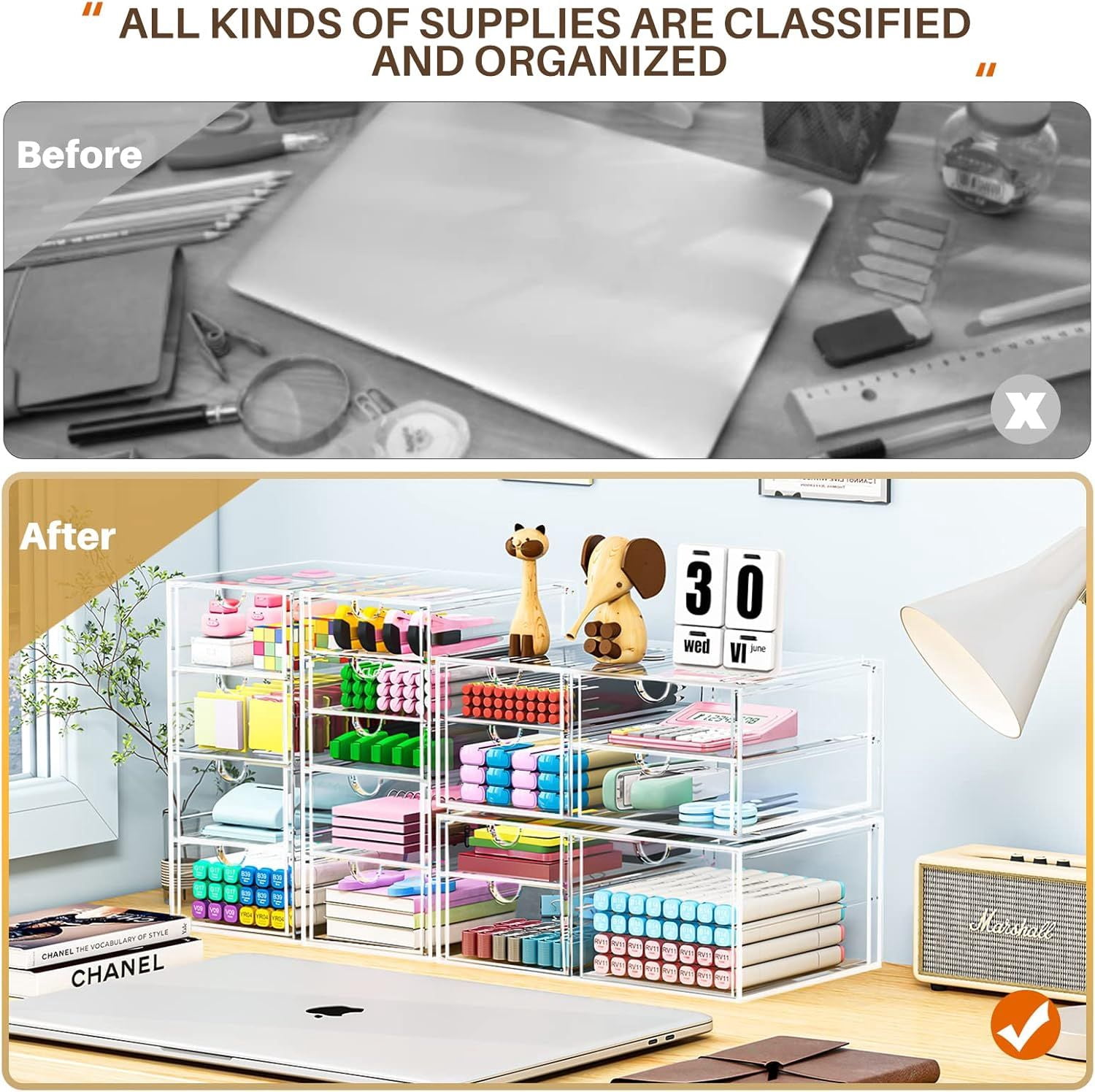DIANJIE Makeup Organizer Storage with 16 Drawers 4 Pcs Desktop Office Supplies Desk Organizers Clear Accessories Dustproof Storage Drawer for Makeup Jewelry Pen Stationary