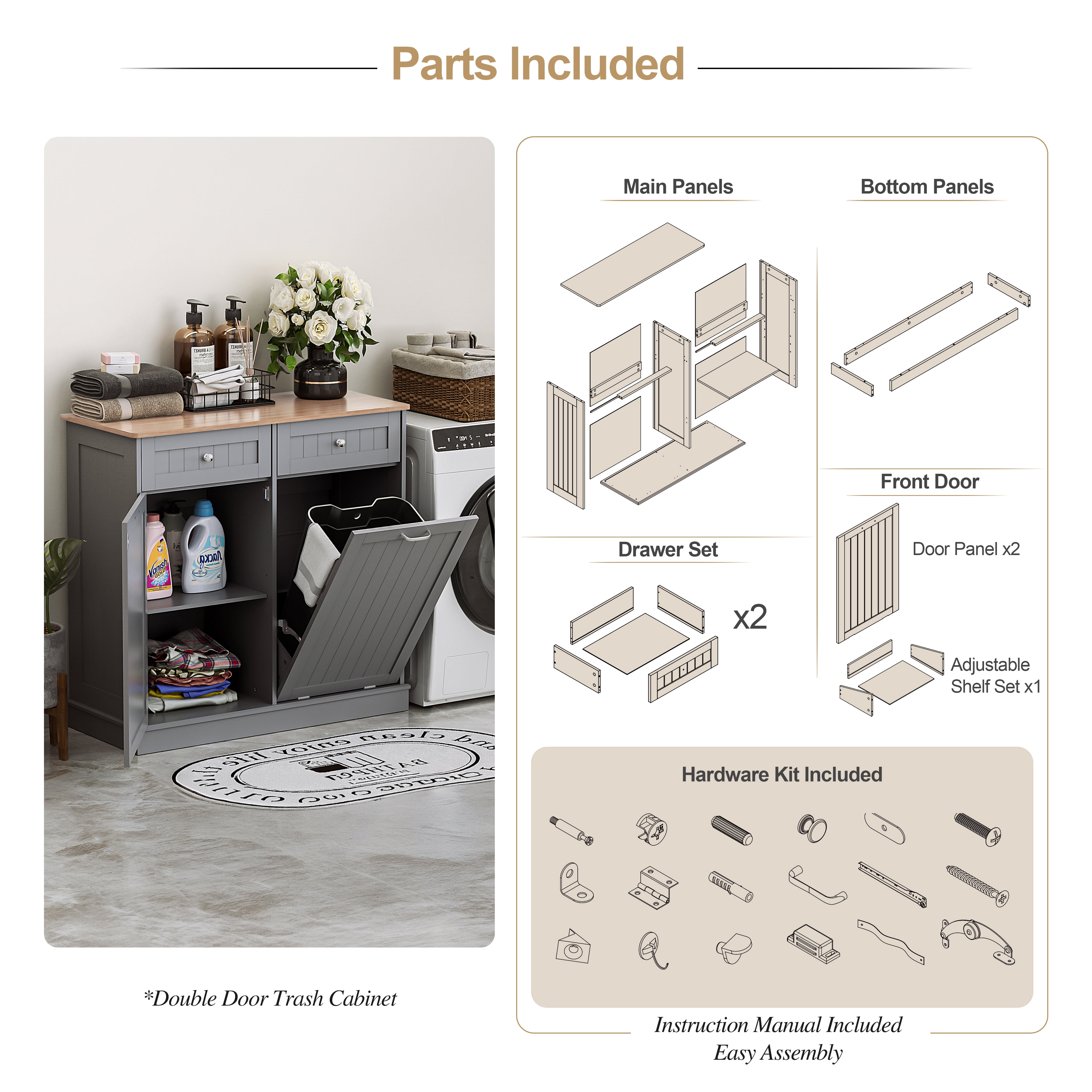 AHB 13 Gallon Single Tilt Out Trash Cabinet with Drawer and Handle, Kitchen Trash Can Storage Organizer, 39.4"L x 14"W x 38.3"H, Gray