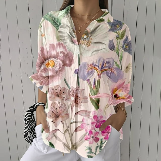 YLHFASHION Chemise à Imprimé Floral Rétro pour Femmes, Imprimé Géométrique Abstrait, Chemise à Imprimé Artistique, Chemise Décontractée à Imitation Ligne, Col en V, Rabais de 50 % Liquidation Chemises pour Femmes