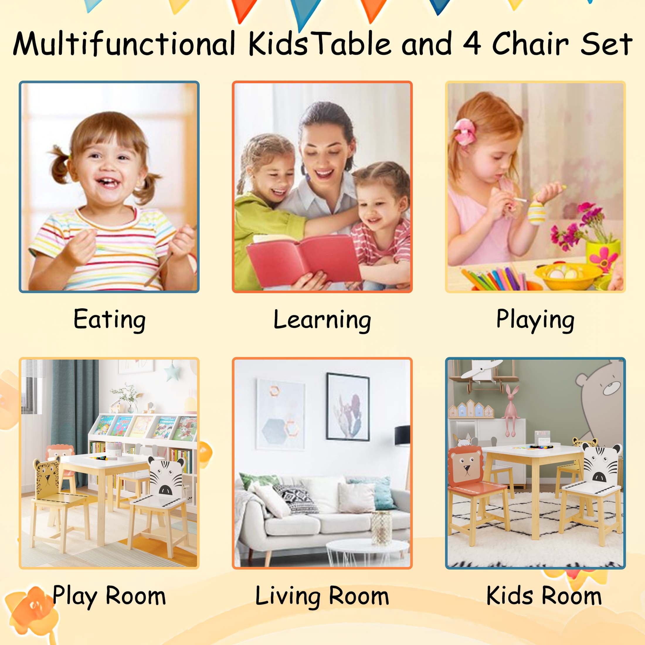 iRerts Kids Table and Chair Set, 5 Pieces Cartoon Animals Wood Kids Activity Table with 4 Chairs, Kids Play Table Set for 3-8 Year Old, Childrens Table and Chairs for Reading, Drawing, Jigsaw Puzzles