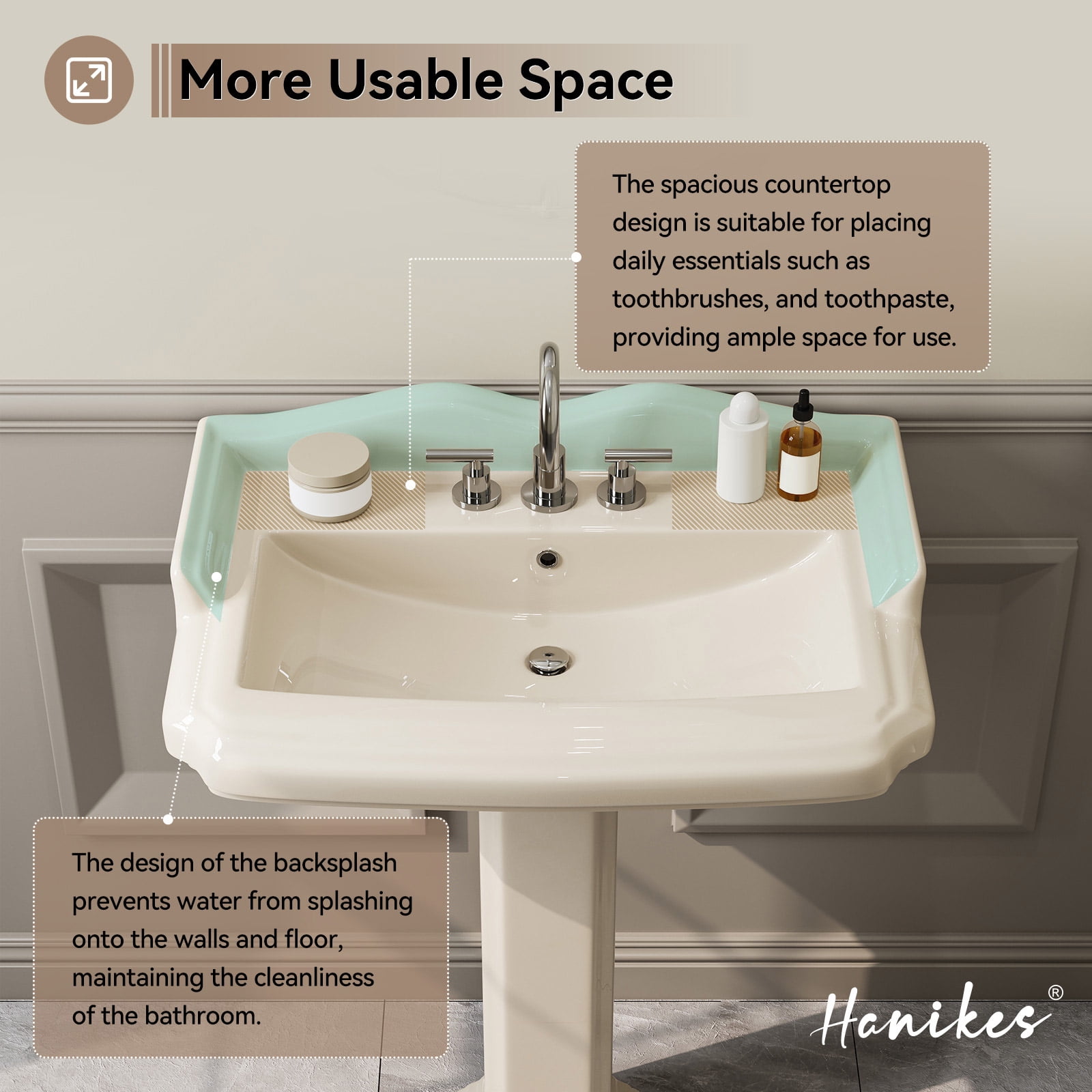 HOROW 23x19 Inch Bone Colored Pedestal Sink Combo with Overflow and Single Faucet Hole, Ceramic Bathroom Vanity Sink