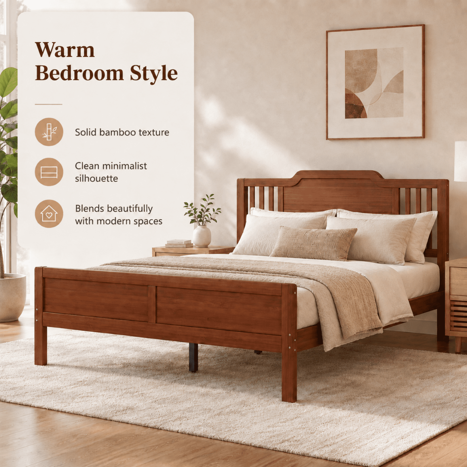 Miniyam Full Size Solid Bamboo Platform Bed Frame with Headboard, Brown