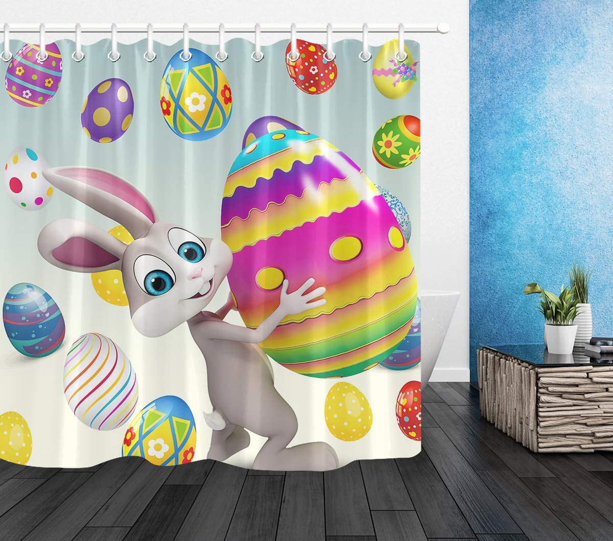 Easter Egg Funny Cartoon Rabbit Daisy Flower Shower Curtain Set Bathroom Decor 