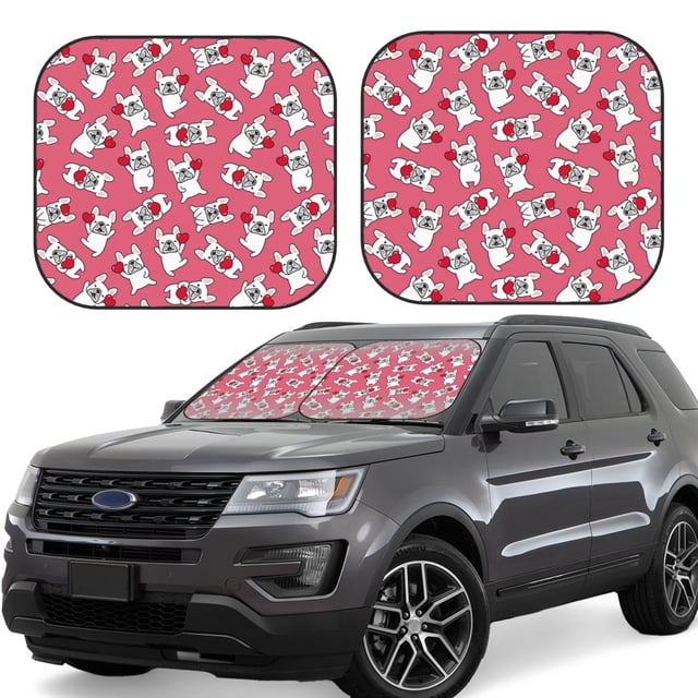 Saiise French Bulldog And Heart for Foldable Car Sun Shades (2-Pack) Offer Sun Protection with an Easy-fold Design for Convenient Windshield Shading-Small