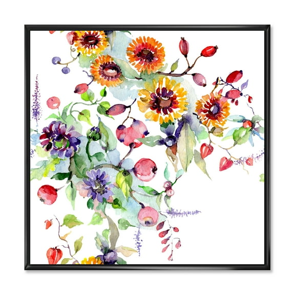 Designart 'Wildflowers and Vibrant Wild Spring Leaves XI' Modern Framed Canvas Wall Art Print