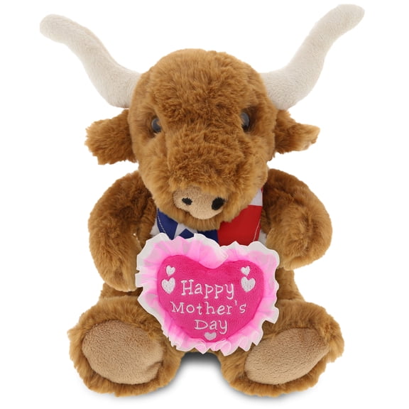 DolliBu Happy Mother's Day Super Soft Plush Texas Longhorn - Cute Stuffed Animal Present With Pink Heart Message for Best Mommy, Grandma, Wife, Daughter - Cute Wild Life Plush Toy Gift - 9 Inches