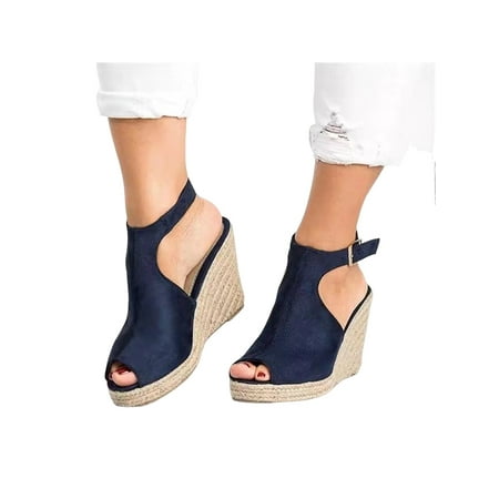 

Daeful Women Wedge Sandals Summer Espadrilles Ankle Strap Platform Sandal Cut Out Beach Pumps Shoes Ladies Fashion Slingback Navy Blue 8.5