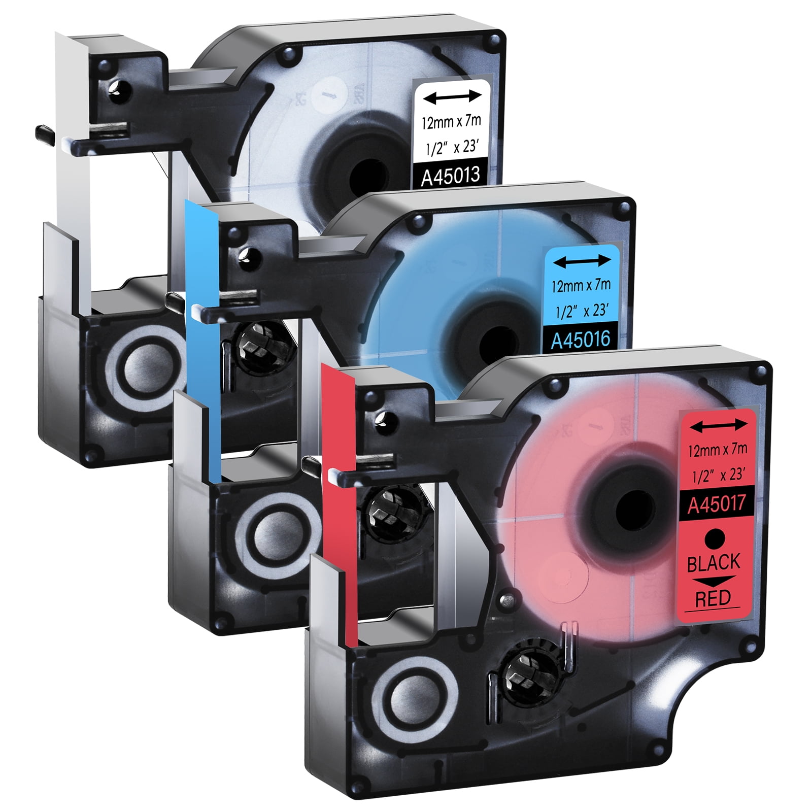 GREENCYCLE 3PK 12mm 7m Black on White/Blue/Red Label Tape Compatible for Dymo D1 45013 45016 45017 LabelManager,LabelWriter,3M Printer