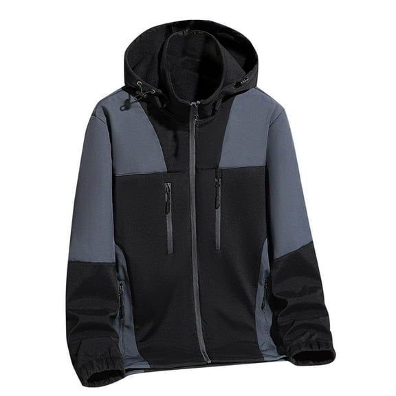 Windbreaker Jackets for Men Man Solid-Color Outdoor Fleece Waterproof Splicing Soft Zipper Pocket Long Sleeve Hooded Detachable Mountaineering Jacket Men's Windbreakers Black 2XL