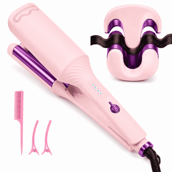 JUUTREN 3-Barrel Hair Waver Ionic Curling Iron, 2.3-Inch Hair Curler, Hair Crimper and Crimper Hair Tool with 4 Heat Settings, 30s Fast Heating, Dual Voltage, Comb and Hair Clips, Pink