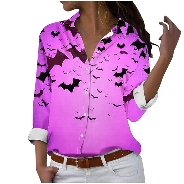 Chemises pour Femmes, Blouses pour Femmes, Chemise Décontractée Imprimée d'Halloween pour Femmes à Boutons Manches Longues Col Rabattu Blouse