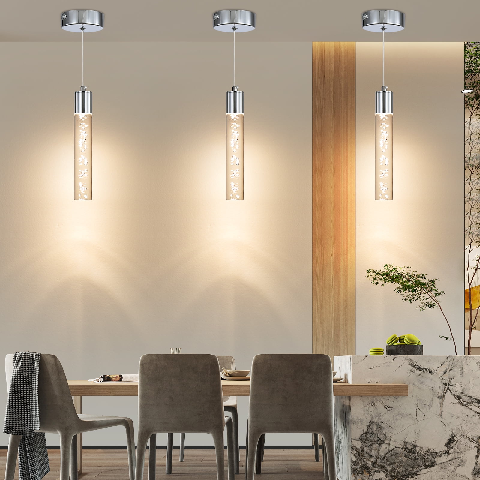 Modern Linear Pendant Light for Kitchen Island, LED Hanging Light Fixture with Bubble Acrylic, 3 Color 3000K/4500K/6500K, Mini Ceiling Chandelier Lighting for Dining Room, Bedroom, Hallway