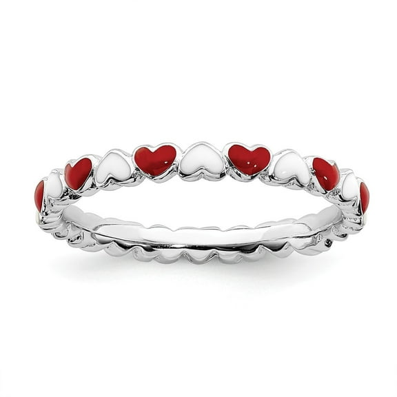 Sterling Silver Stackable Expressions Red & White Enamel Heart Ring Size-9