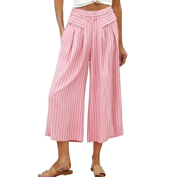 hoksml Women's High Waist Striped Wide Leg Capri Pants, Casual Loose Cropped Trousers for Daily Wear Beach Vacation
