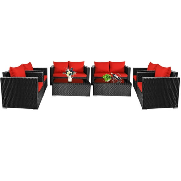 Gymax 8PCS Rattan Patio Conversation Set Outdoor Furniture Set w/ Red Cushions