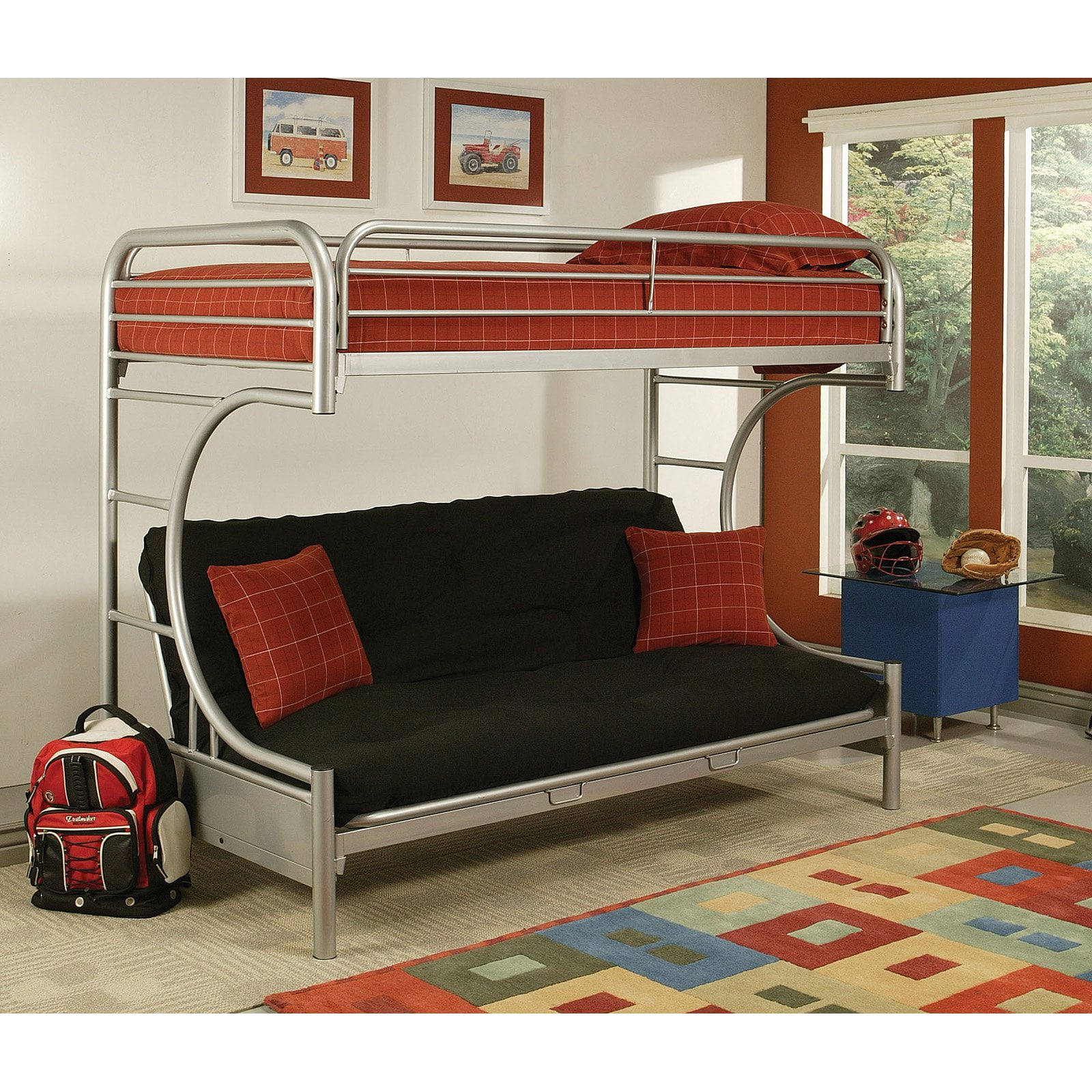 Premium Twin Over Futon Metal Bunk Bed, Boomerang Black Metal Futon Bunk Bed