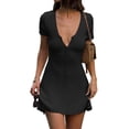thumbnail image 2 of Women Deep V Neck Button Front Knit Mini Dress Elegant Short Sleeve Ribbed Flowy Hem A-Line Short Dress Black L, 2 of 9