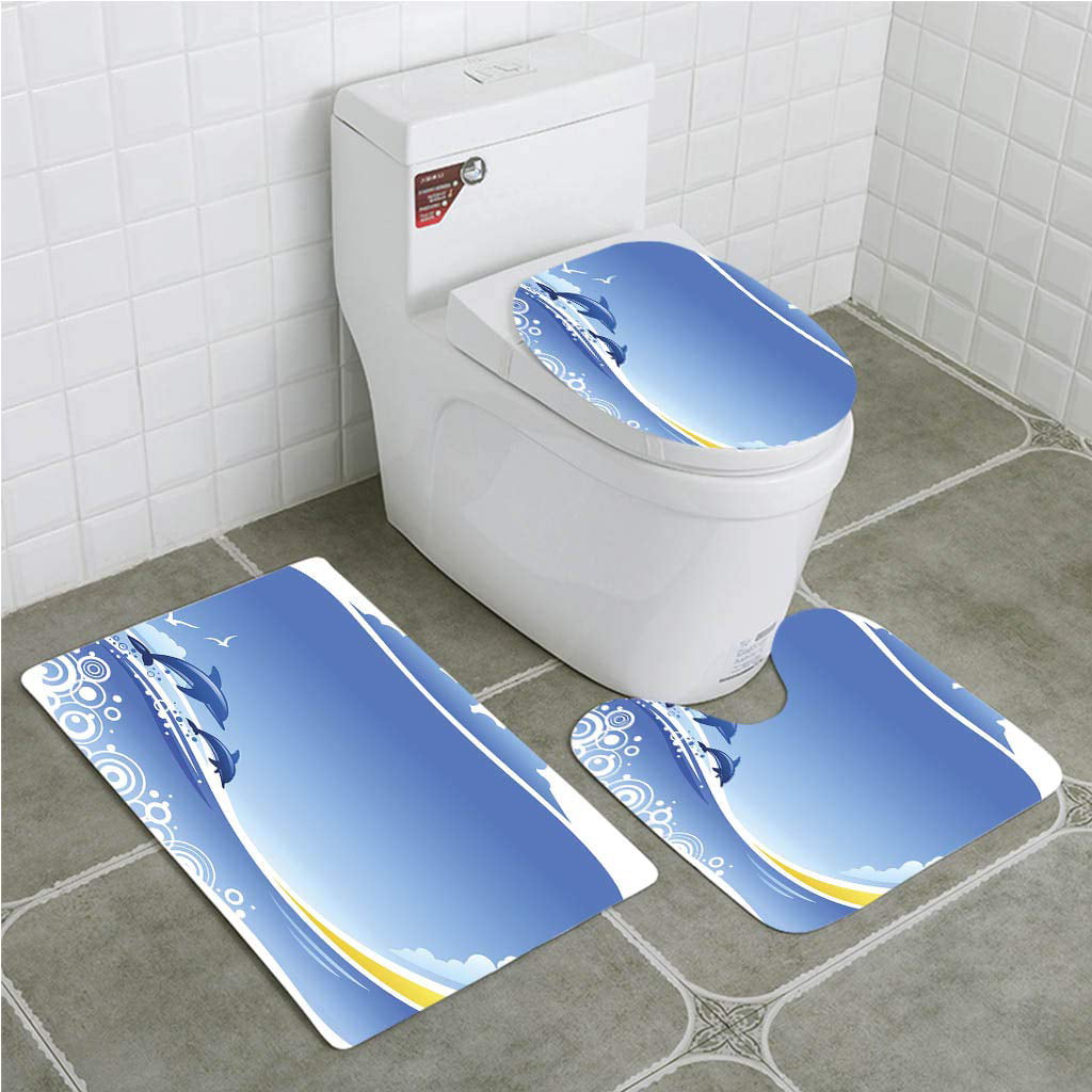 3PCS Dolphin Bath Mat Bathroom Pedestal Rug Washable Toilet Seat Cover Carpet 
