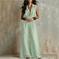 thumbnail image 4 of Costeam Womens Sleeveless Collared V Neck Full Length Jumpsuit Dual Side Slip Pockets Drawstring Cinched Elastic High Waist Lightweight Flowey Wide Leg One Piece Casual Outfit, 4 of 7