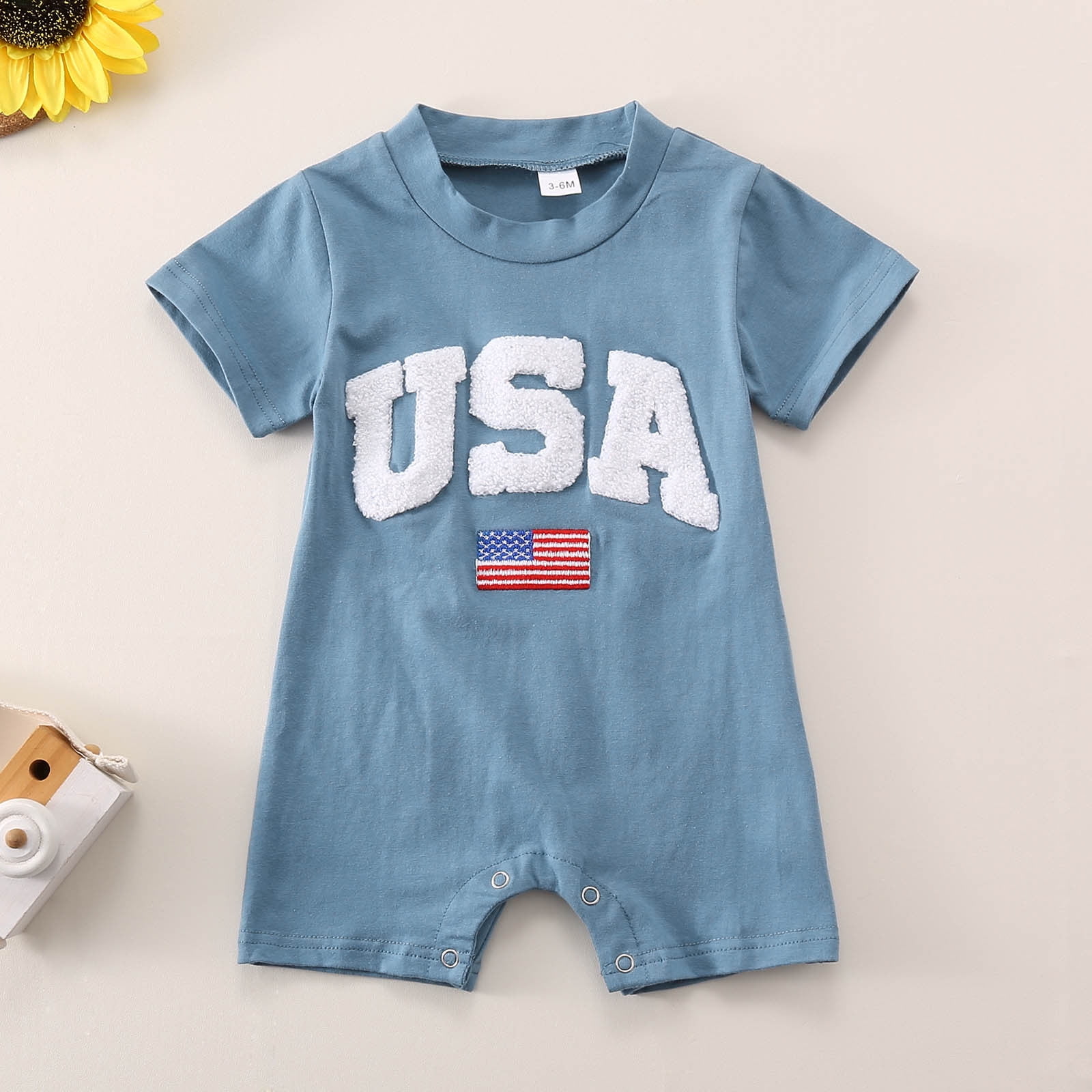 Povozer Newborn Baby Boy 4th of July Clothes Flag Embroidery Jumpsuit Waffle Short Sleeve Romper,Size 12-18 Months,Blue