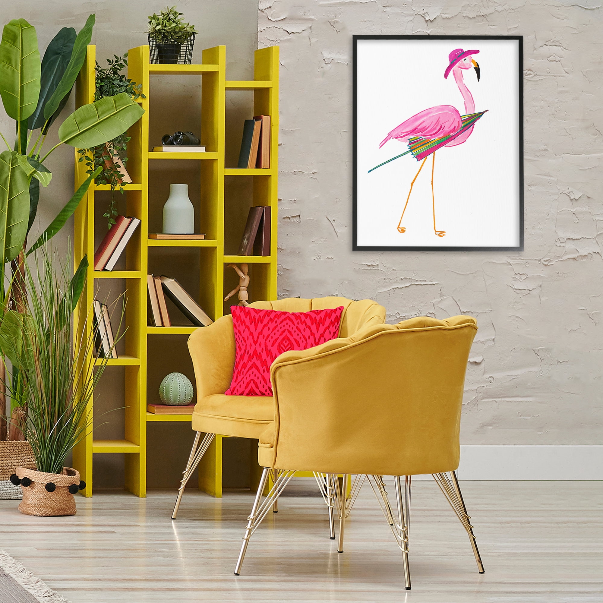 Stupell Industries Flamingo with Beach Umbrella Animals & Insects Painting Black Framed Art Print Wall Art, 24 x 30