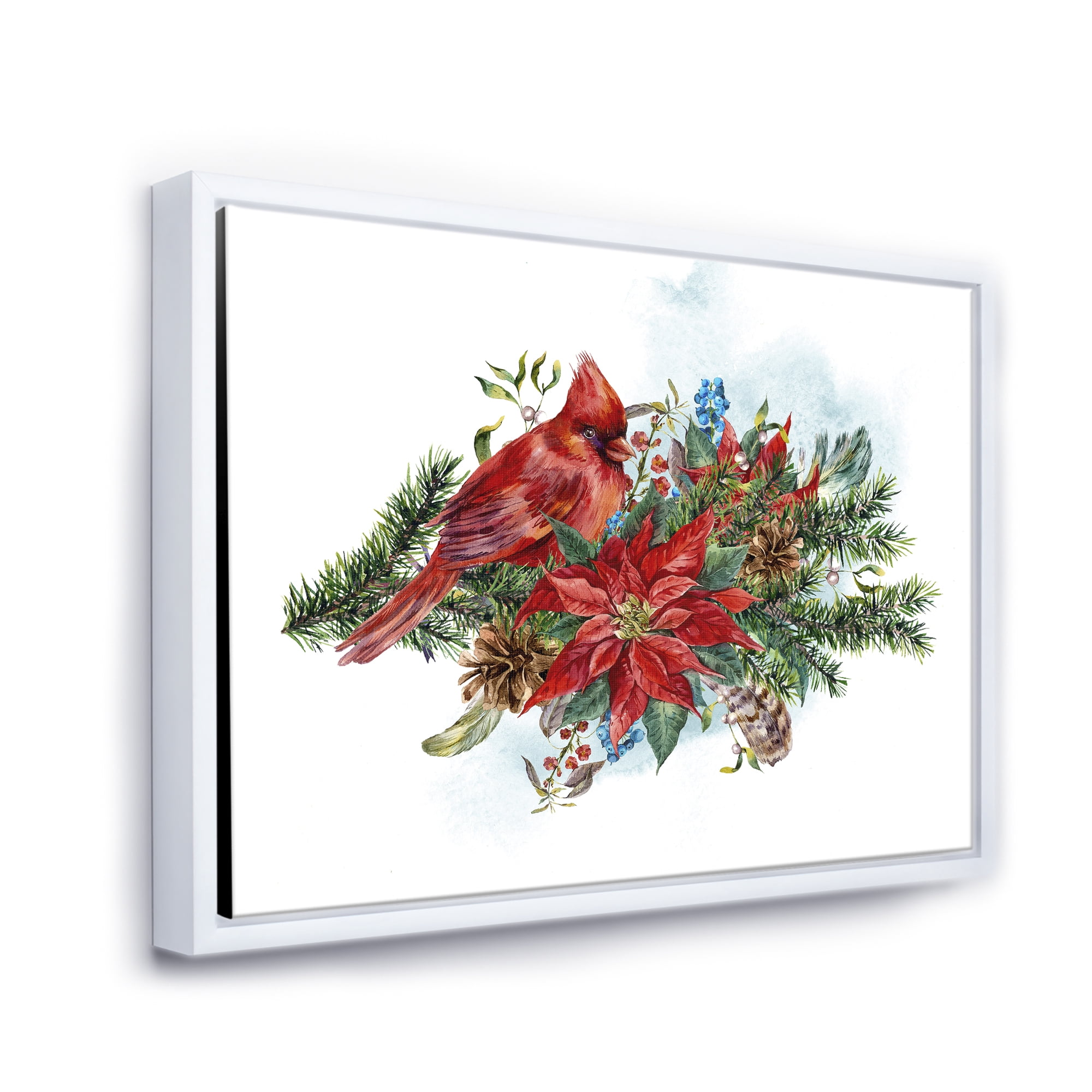 Designart 'Christmas Red Cardinal Bird and Poinsettia' Traditional Framed Canvas Wall Art Print