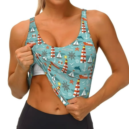 Qokaie Sea Lighthouse Pattern Womens Scoop Neck Sports Bra Breathable Workout Vest Padded U Back Medium Impact Fitness Gym Yoga Bra Workout Crop Top