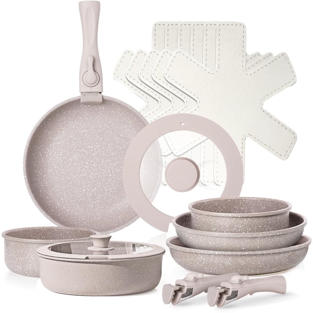 LOKOOY Juego de 16 Ollas y Sartenes con Mango Desmontables, Alta Antiadherente, Bateria de Cocina Con Tapas y Cojín, Sartén para Freír Apto para Lavaplatos, Cocina de