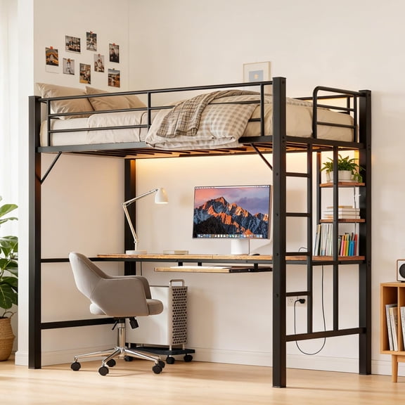 zocalo Litera Individual con Escritorio, Cama Alta de Metal 198x104x182cm, 3 Estantes de Almacenamiento, Bases para Cama con Escalera, Ahorra Espacio Marron