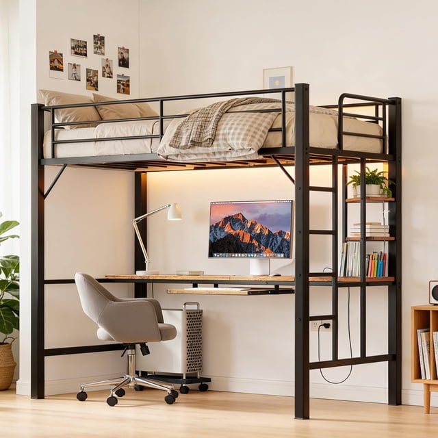 zocalo Litera Individual con Escritorio, Cama Alta de Metal 198x104x182cm, 3 Estantes de Almacenamiento, Bases para Cama con Escalera, Ahorra Espacio Marron
