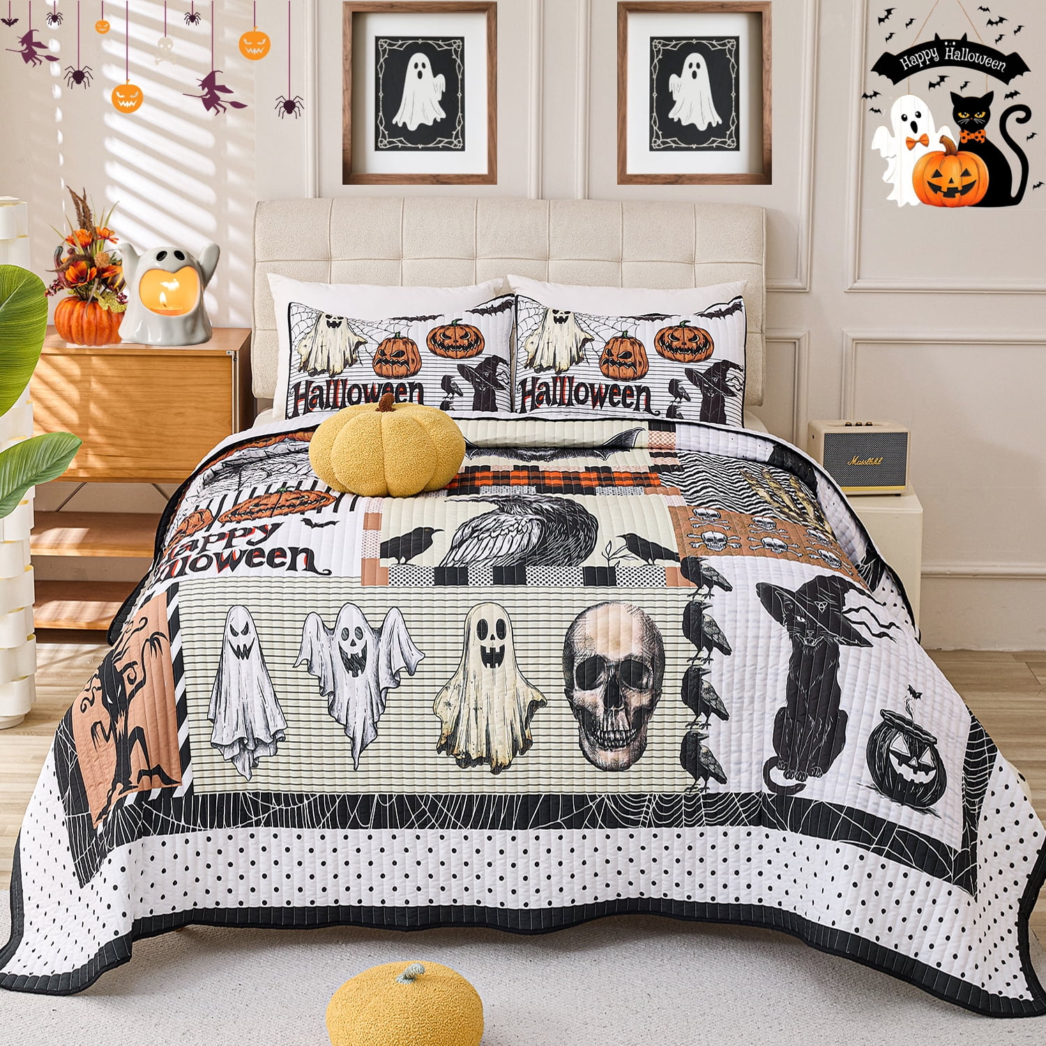 Evenhug Halloween Quilt Set,3-Piece Queen Size Black Cat Pumpkin Bat Spider Halloween Themed Patchwork Bedding Set Reversible Coverlet Set with 2 Pillow Shams