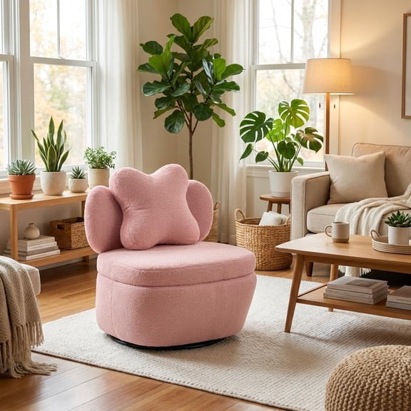 Pink Teddy Velvet Swivel Accent Chair with Storage, 360° Rotating Armchair