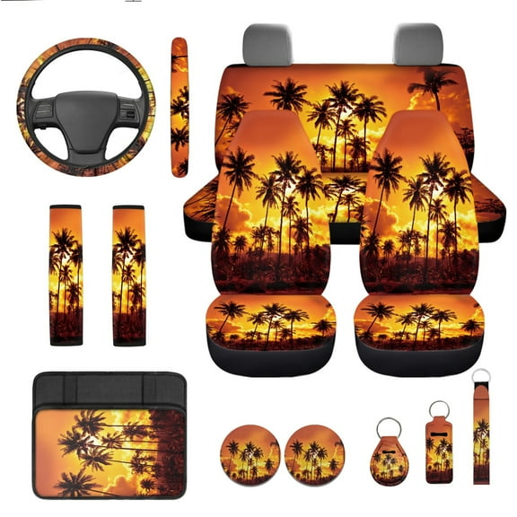 Yuyamidu Orange Sunset Car Front Back Seat Covers Full Set of 13 Coconut Tree Steering Wheel Cover Armrest Pad Seatbelt Pads Coasters Keychain Car Accessories
