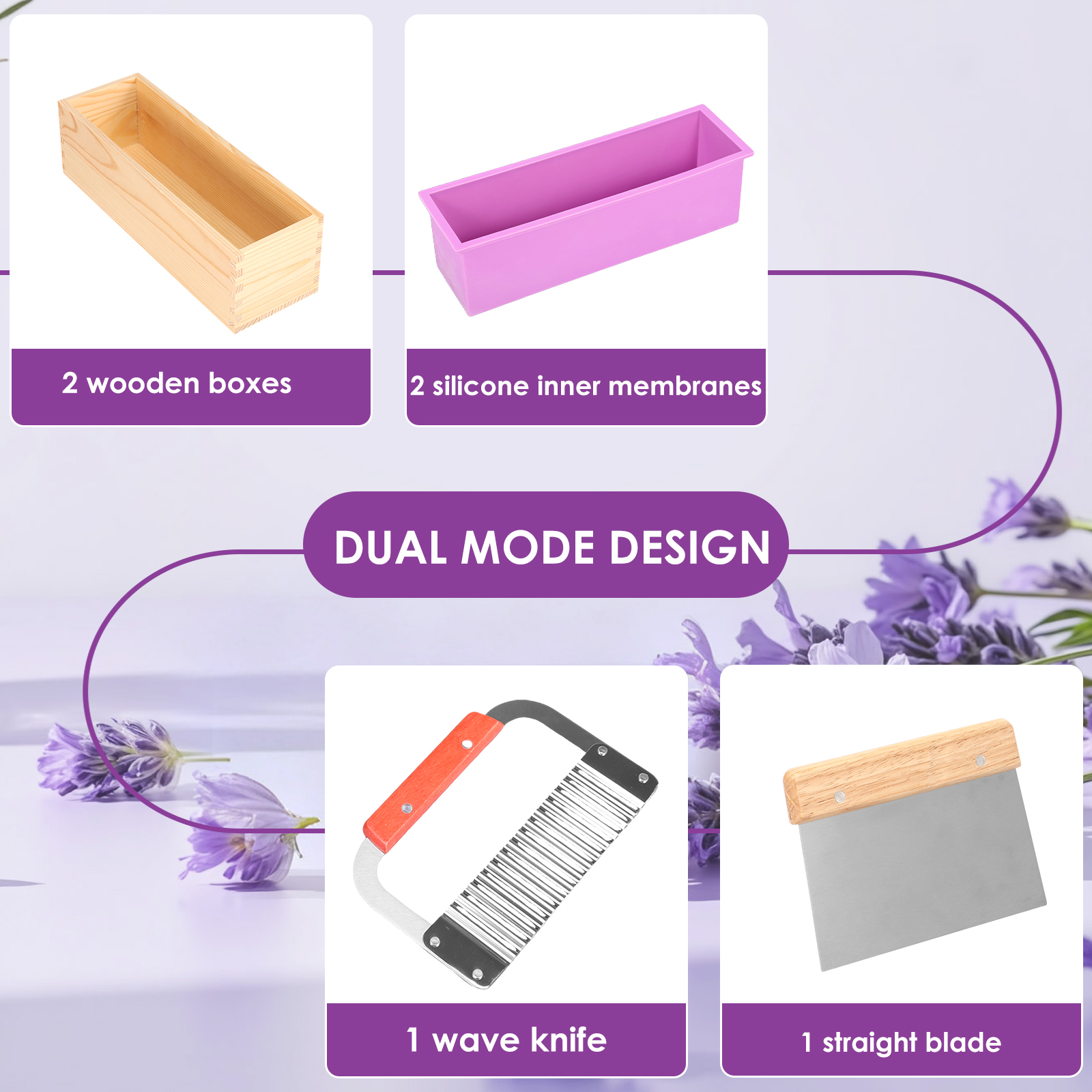 NUAHRHY 2 Pcs Soap Mold Making Kit with Cutters, 40.58oz Rectangular Silicone Loaf Soap Mold with Wooden Box, Stainless Steel Wavy & Straight Scraper for Homemade Craft Soap Making Supplies