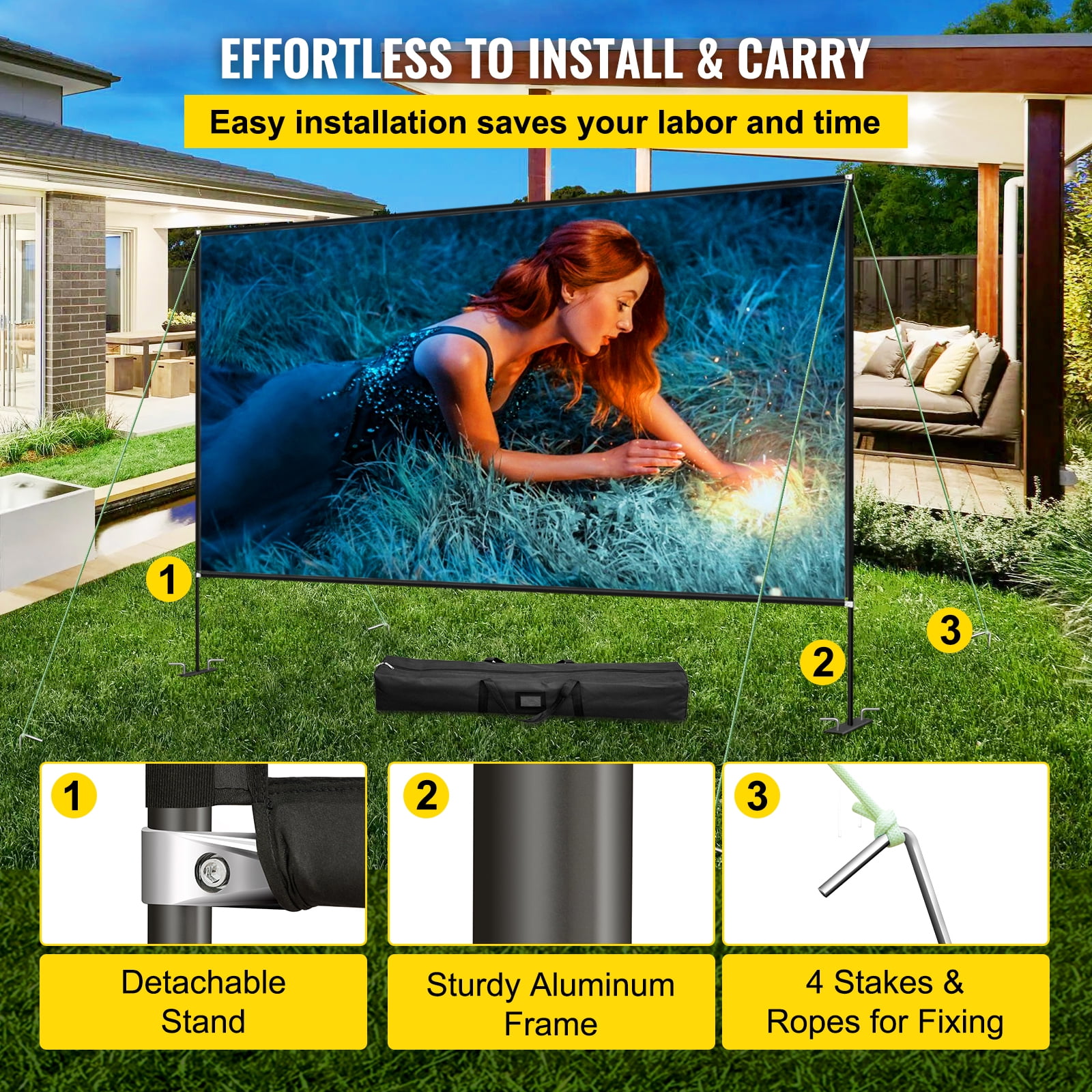 KFFKFF Outdoor Movie Screen w/ Stand, 150" Portable Movie Screen, 16:9 HD Wide Angle Outdoor Projector Screen, Front & Rear Projection,
