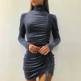thumbnail image 2 of Honeeladyy Clearance under 5$ Women Turtleneck Mini Dress Long Sleeve Ruched Dresses Solid Color Shirring Sheath Dress Clubwear, 2 of 9
