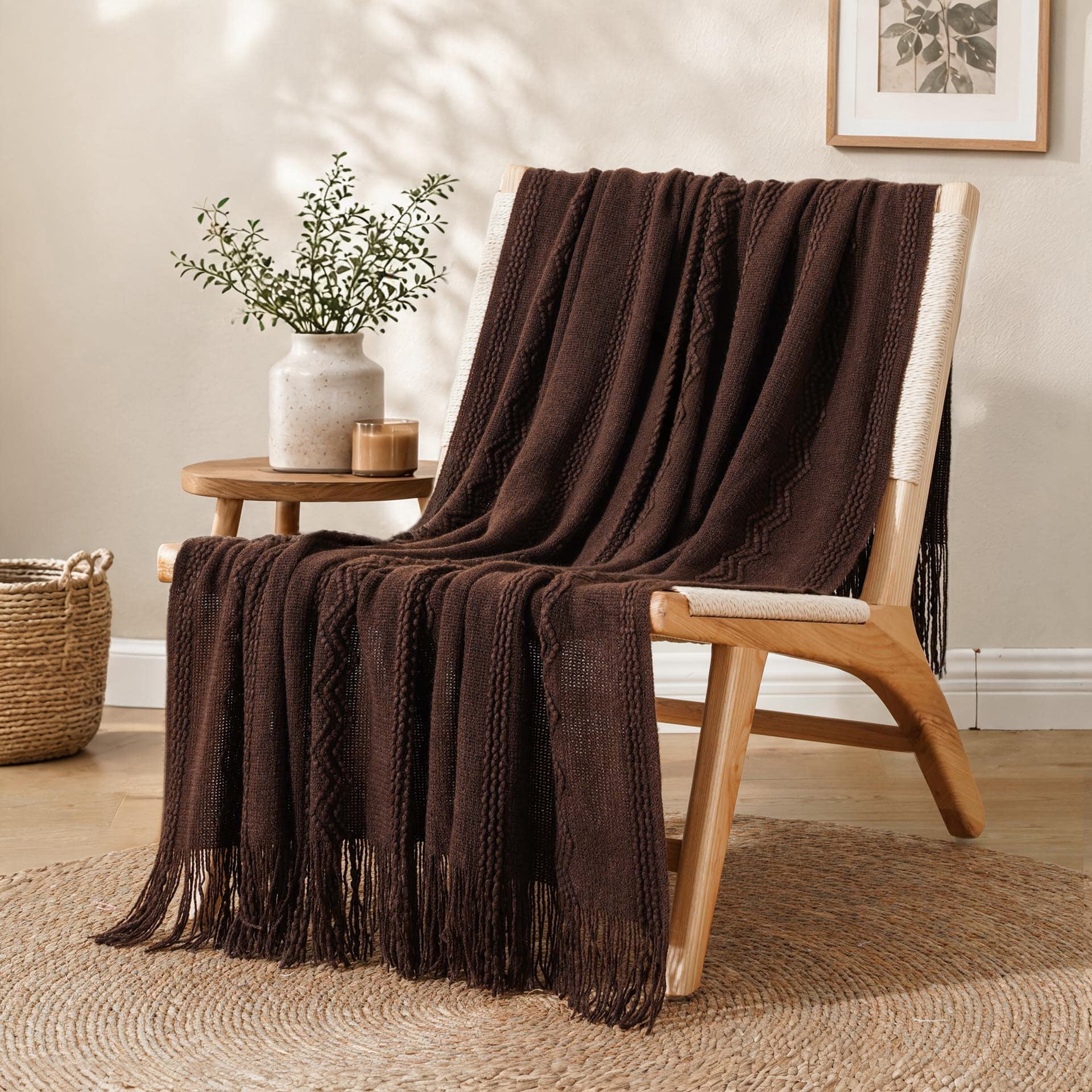 Battilo Brown Throw Blanket for Couch,Dark Brown Knit Blanket,Housewarming Gift,Boho Throw,50"x60"