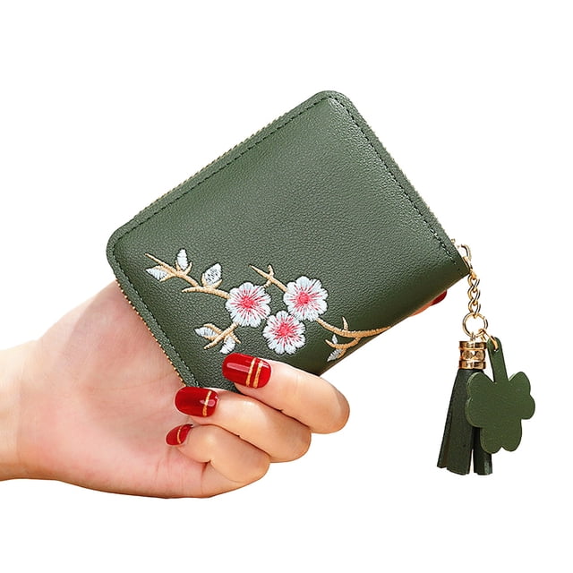 Cartera corta estilo estudiante para niña con bordado de cuero PU y flores, color verde