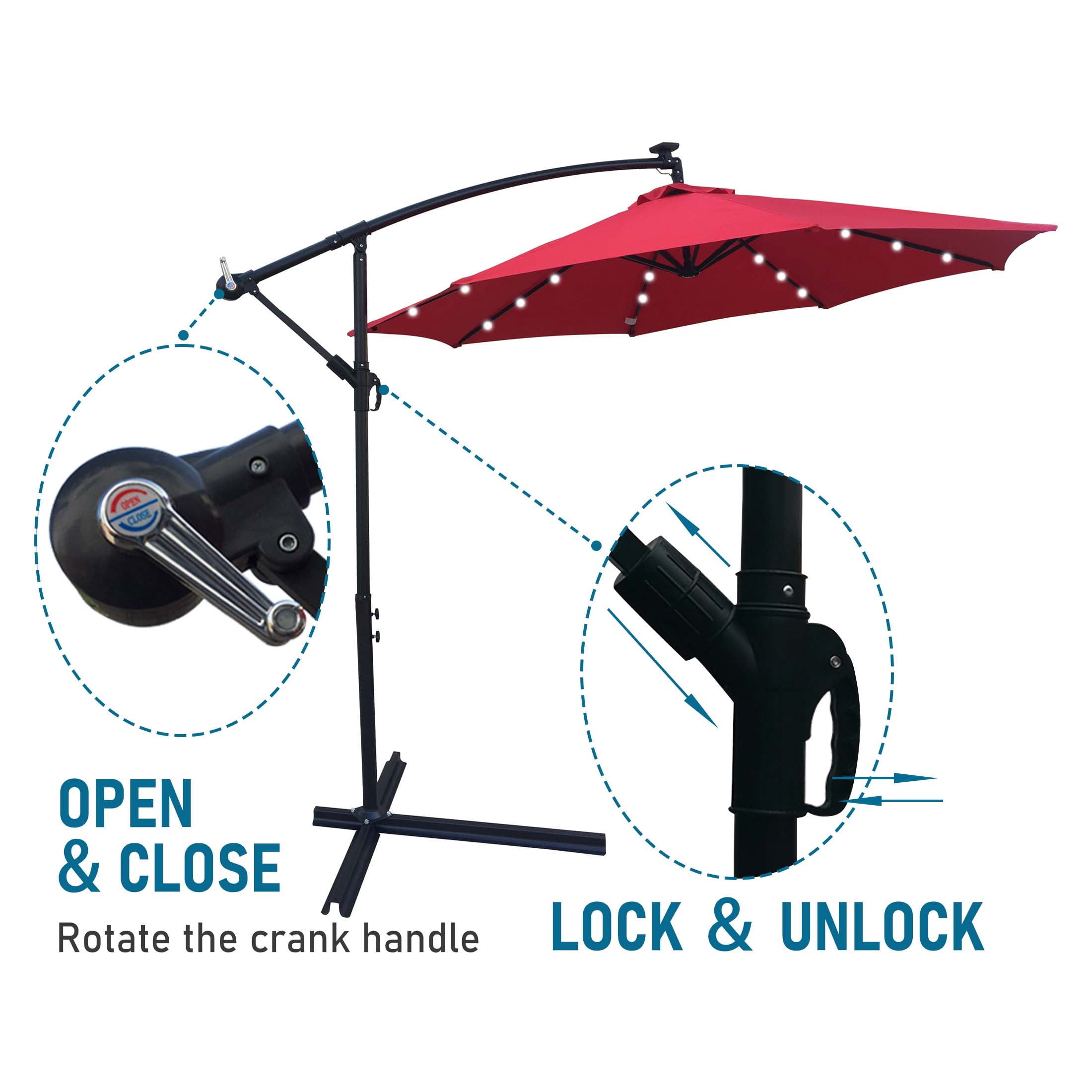 Aukfa 10ft Patio Solar LED Lighted Outdoor Umbrellas with Cross Base for Market Beach Pool - Red