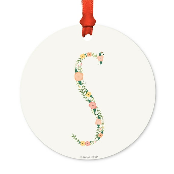 Floral Family Monogram Metal Christmas Ornament, Coral Peach Floral Roses, Letter S, Includes Ribbon and Gift Bag