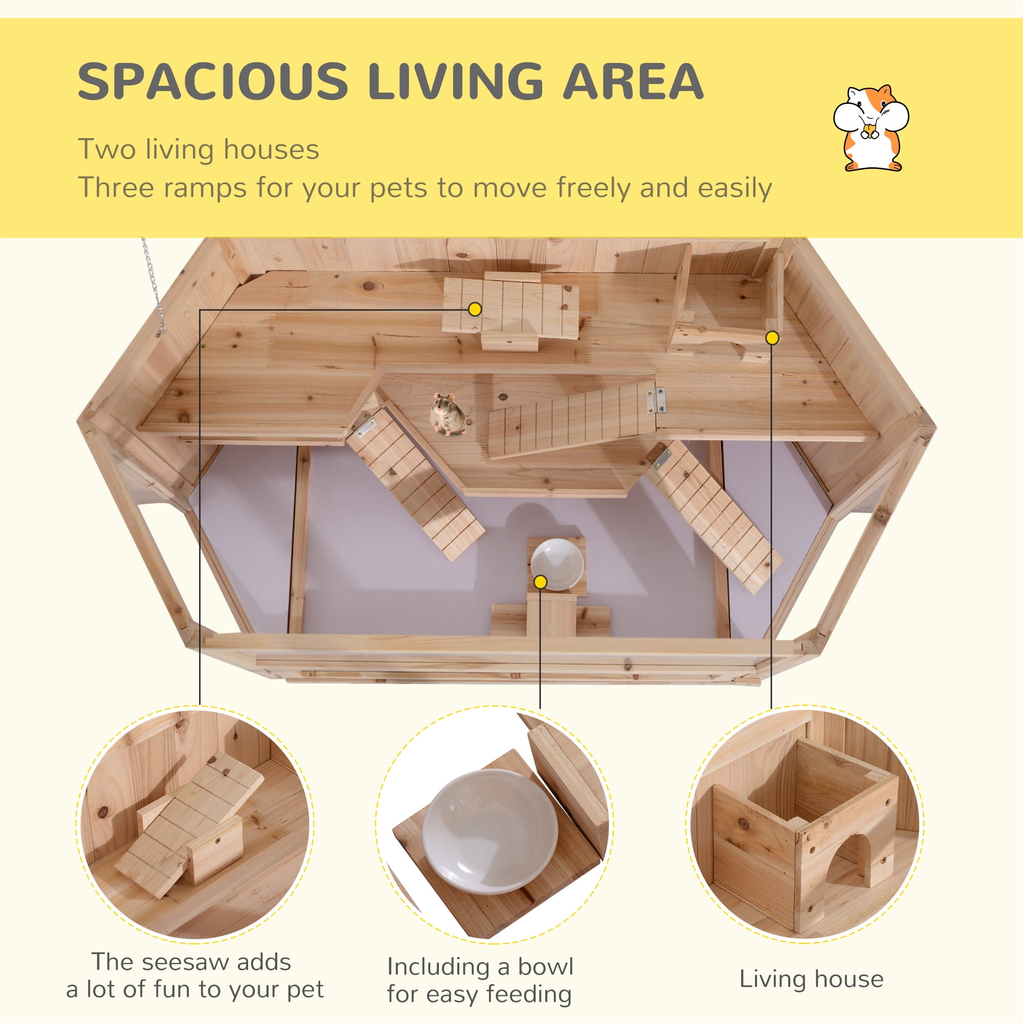 Pawhut Compatible Wooden 3-Tier Hamster Cage Hutch Box with Seesaw, Natural