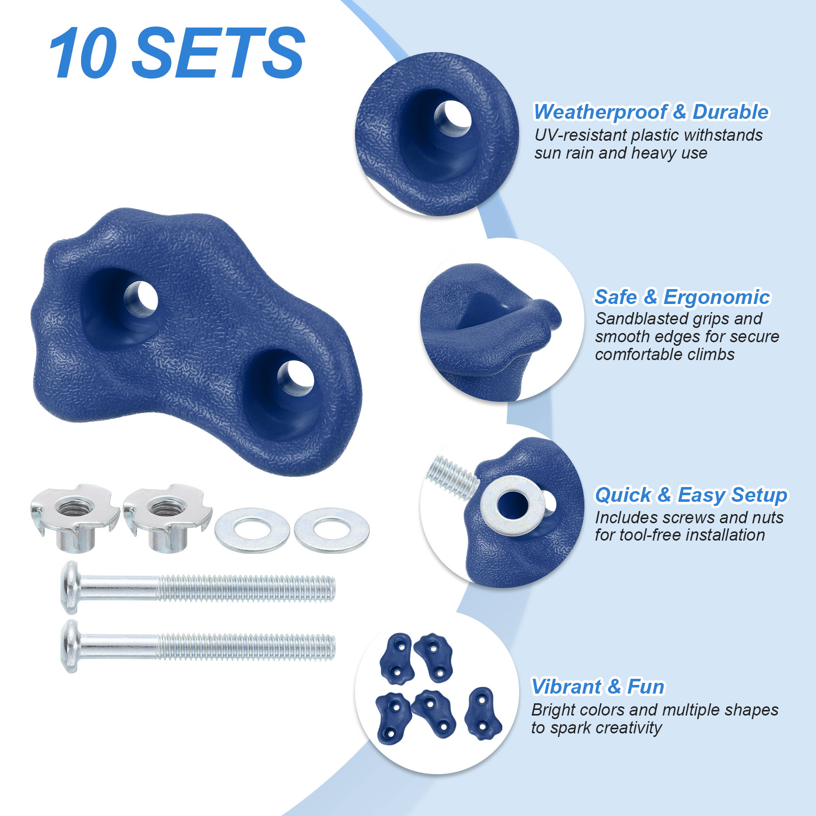 Rock Climbing Holds, 10 Pcs Small Climbing Rock Wall Grips with Double Hole for Playground Accessory, Blue-B