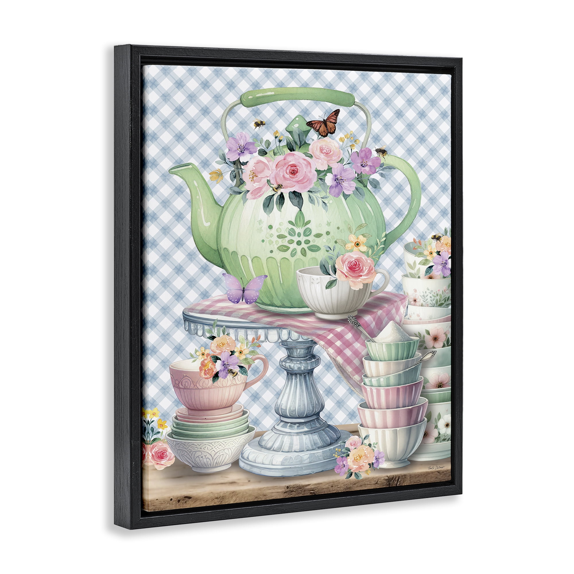 Stupell Industries Tea Kettle on Gingham Food & Beverage Painting Black Floater Framed Canvas Art Print Wall Art, 25 x 31