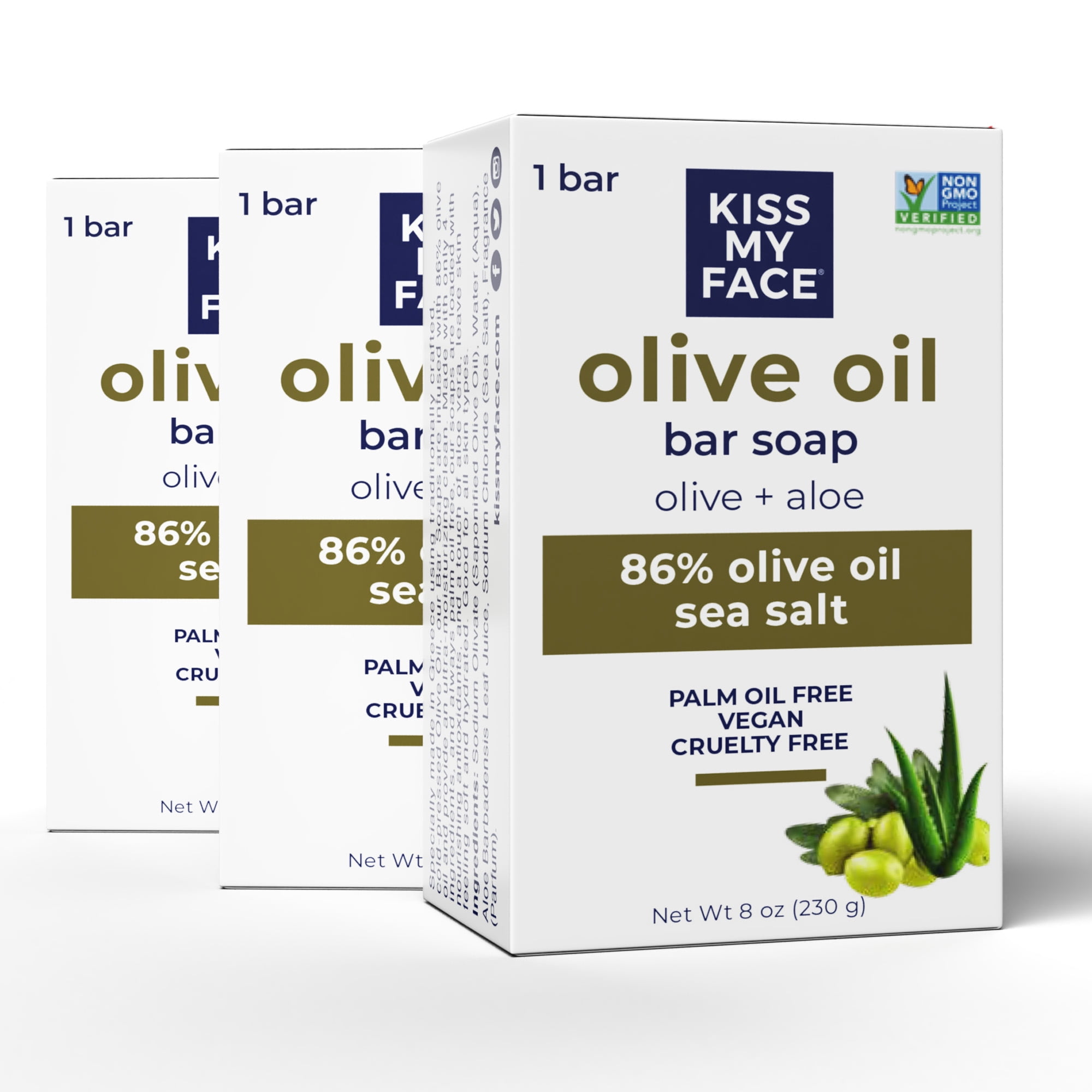 Kiss My Face Olive Oil and Aloe Bar Soap, Scented, Moisturizing Soap for Sensitive Skin, Vegan & Cruelty-Free, 86% Olive Oil, 8oz, 3 Pack