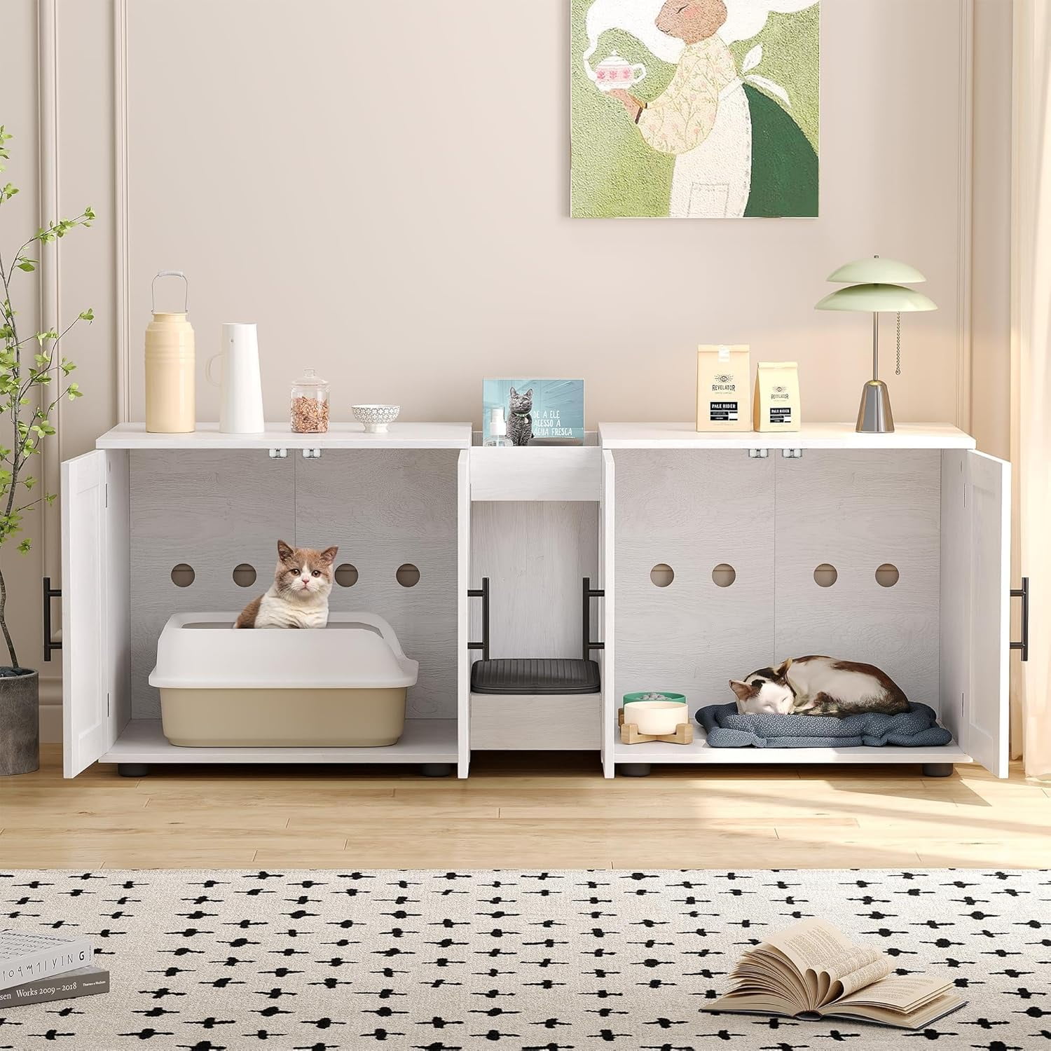 Hetoy Elegant Double-Room Cat Litter Cabinet – Stylish Litter Box Enclosure for Two Cats with Storage and Cat Mat, 55”L x 17.7”W x 22.5”H in White