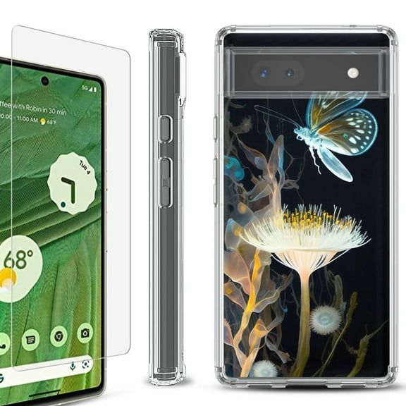 Shockproof Bumper Phone Case for Google Pixel 6a, with Tempered Glass Screen Protector, by OneToughShield ® - Butterfly Translucent