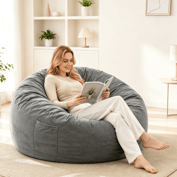Someet Bean Bag Chair 4 ft with Removable & Washable Cover, Full Size Flannel 2 in 1 Convertible Bean Bag Bed for Adult, Gray